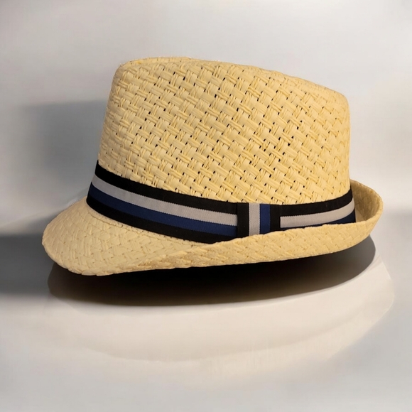 Straw fedora with blue striped belt new - Picture 1 of 14